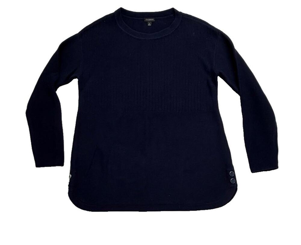 Talbots Womens Sweater Size Medium Navy Blue Solid Long Sleeve Button Detail